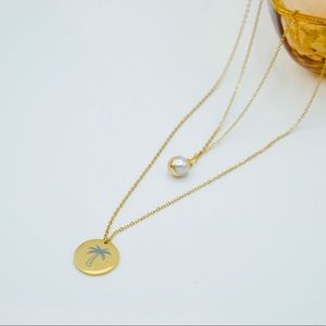 Pearl & Palm Tree Gold Double Layered Necklace
